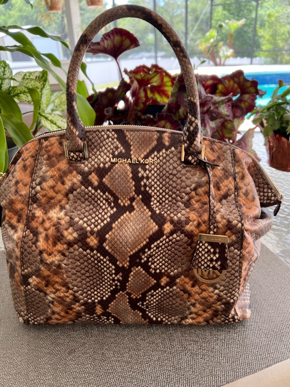 Michael Kors Brown & Tan Snake-Print Satchel